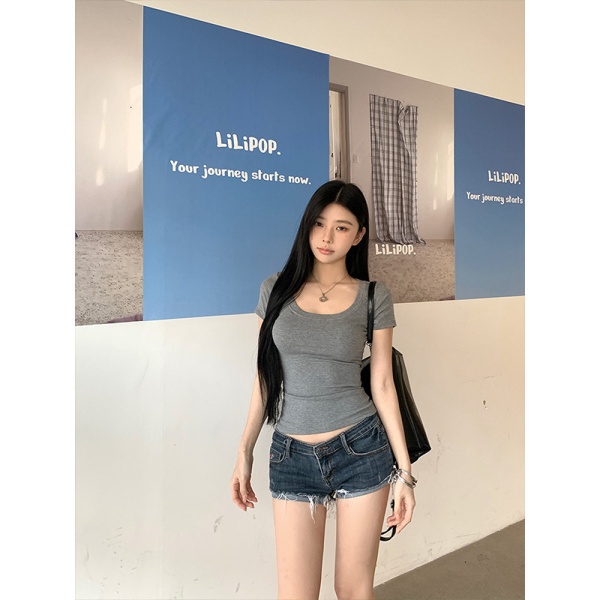 纯棉简约u领短袖正肩T恤女装夏季2025新款修身显瘦打底衫气质上衣