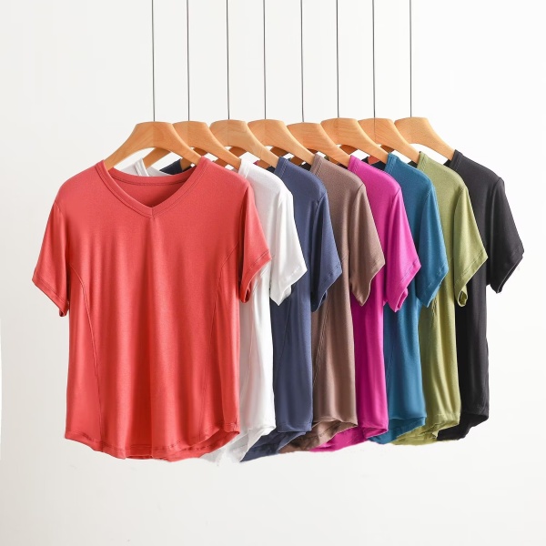 夏季新款螺纹V领短袖T恤时尚拼接显瘦打底衫圆弧下摆纯色百搭上衣