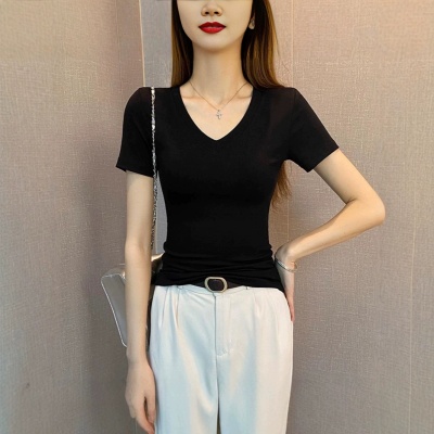 纯色螺纹V领短袖t恤女春夏2025年新款低领修身打底衫百搭显瘦上衣