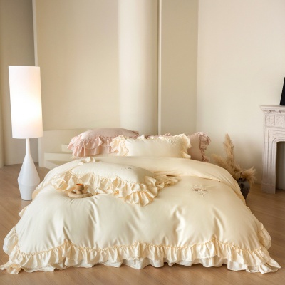 法式公主风贡缎全棉长绒棉四件套花边奶油风纯棉被套床单床上用品