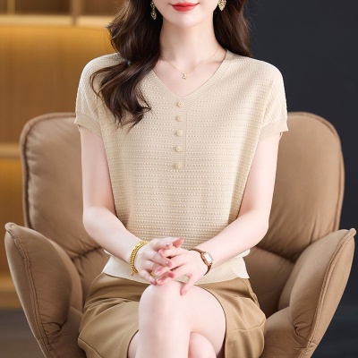 鸿3570夏季新款大码短袖外穿冰丝针织衫夏装上衣洋气宽松薄款T恤