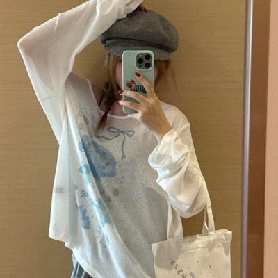 小众印花长袖防晒罩衫T恤女夏季设计感个性可爱宽松百搭薄款上衣