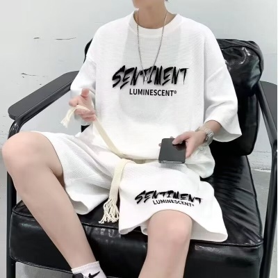 华夫格套装男生夏季青少年休闲运动装搭配帅气短裤男短袖两件套潮