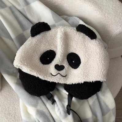 24新品熊猫旅行小憩套装法兰绒毛毯帆布袋挂件带帽颈枕四件套