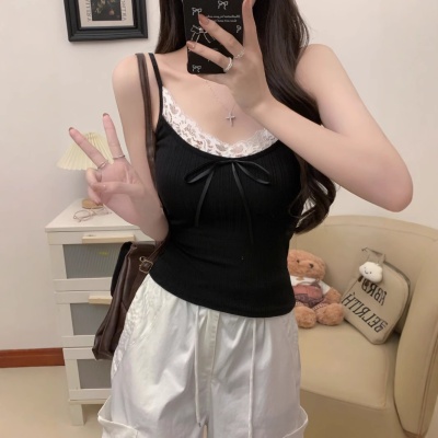 765#纯欲性感蕾丝拼接坑条吊带背心女带胸垫内搭修身显瘦打底衫