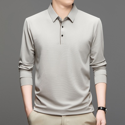 跨境外贸冰丝弹力薄款长袖t恤男式春秋季中年休闲打底polo衫上衣