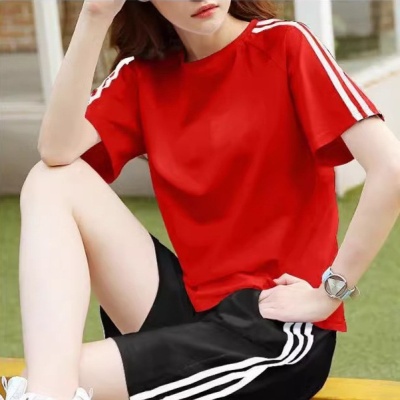 潮仑布夏季两件套宽松休闲短袖T恤短裤ins三道杠跑步舒适运动套装