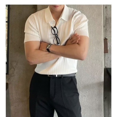 2024夏季冰丝男士翻领POLO短袖t恤薄款衫时尚v领条纹针织打底衫男