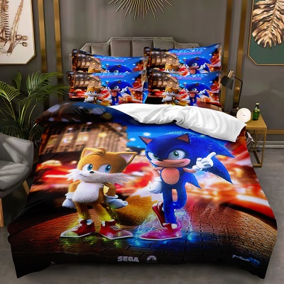 跨境家纺亚马逊速卖通电音小子索尼克三件套床品数码印花被套套件