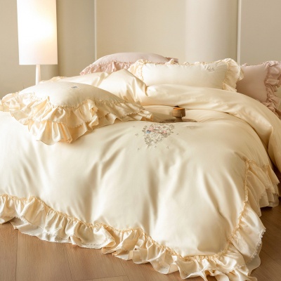 法式公主风贡缎全棉长绒棉四件套花边奶油风纯棉被套床单床上用品