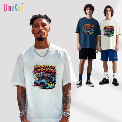 外贸热卖重磅潮牌男装t恤小领口oversize休闲短袖男涤纶上衣批发