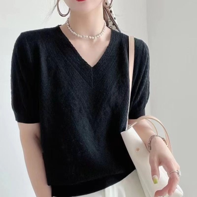 欧货设计感V领针织T恤女2024春夏新款百搭宽松时尚显瘦短袖针织衫