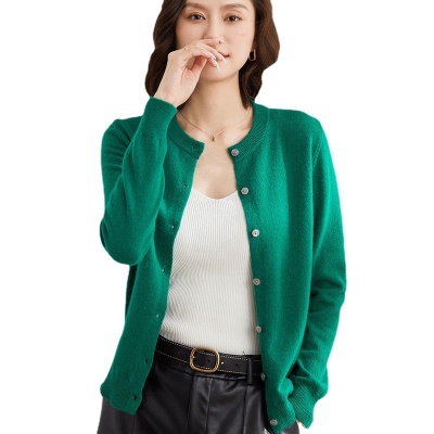 2025春秋新款韩版开衫纯色圆领单排扣针织毛衣驼色打底衫女外套