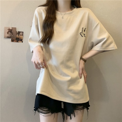 欧美风外贸短袖T恤女夏装宽松大码绣花字母半袖外穿打底衫上衣