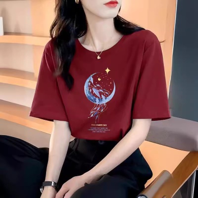 宽松纯棉短袖t恤女士夏装新款漂亮上衣设计感印花卫衣女圆领春秋