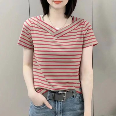 【实价】女士t恤短袖2023新款百搭显瘦宽松大码休闲条纹v领上衣女