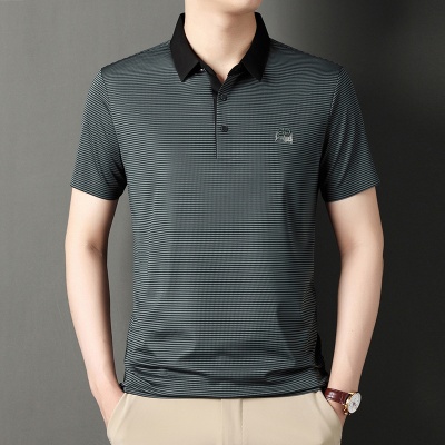 2025男士短袖翻领T恤男时尚休闲烫钻 条纹半袖POLO衫中年男装代发