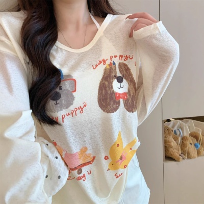 罩衫女夏薄款松弛感小狗印花T恤女防晒罩衫2025夏季薄款打底上衣