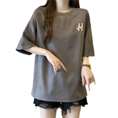 欧美风外贸短袖T恤女夏装宽松大码绣花字母半袖外穿打底衫上衣