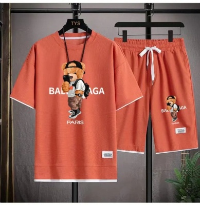 华夫格短袖t恤男士休闲运动套装批发夏季宽松假两件半袖T恤两件套