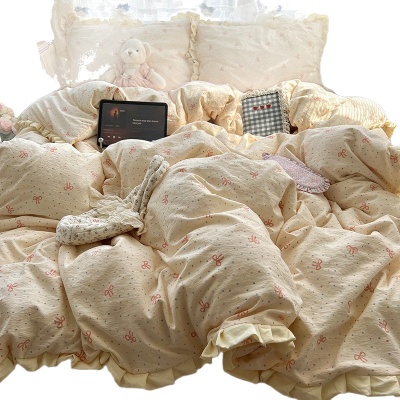 A类春夏法式皱皱纱花边四件套少女心全棉被套大学生宿舍床上用品