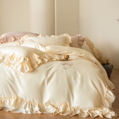 法式公主风贡缎全棉长绒棉四件套花边奶油风纯棉被套床单床上用品