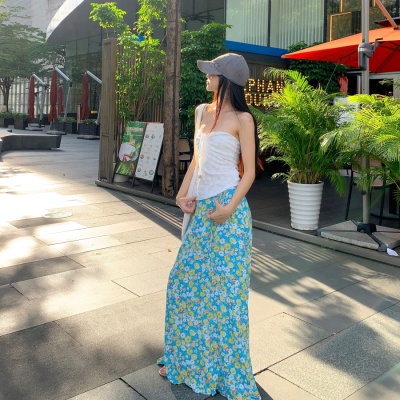 海边度假风套装法式抽绳抹胸背心上衣女夏季蓝色碎花半身裙两件套