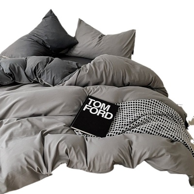 ins风纯色双拼水洗棉床上四4件套学生宿舍床单被套雾霾灰三件套