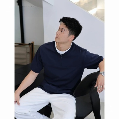 重磅新款半拉链短袖T恤男宽松简约小众设计拼接假两件半袖上衣服