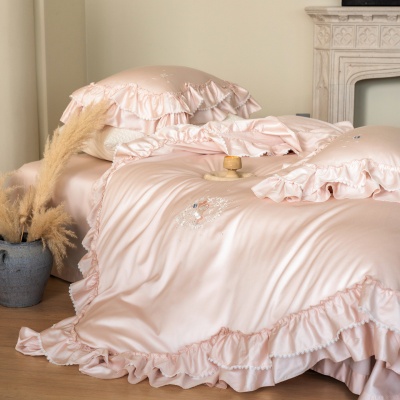 法式公主风贡缎全棉长绒棉四件套花边奶油风纯棉被套床单床上用品