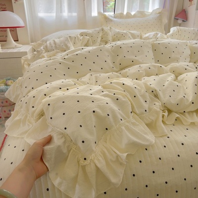 法式公主风皱皱纱床盖四件套复古格子荷叶花边被套夹棉床盖三件套