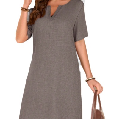 欧美跨境外贸女装 2025亚马逊独立站夏季休闲V领衬衫连衣裙沙滩裙