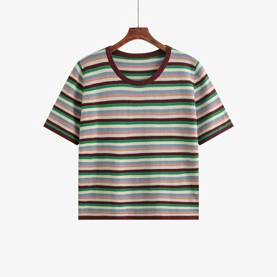大码女装彩色条纹上衣女针织衫2025夏款胖mm宽松显瘦短袖t恤22837