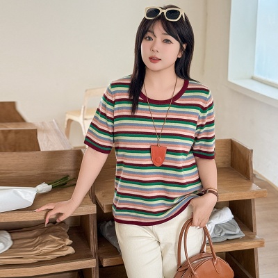 大码女装彩色条纹上衣女针织衫2025夏款胖mm宽松显瘦短袖t恤22837