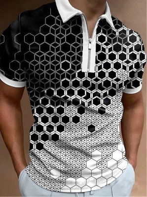 外贸秋季新款男装POLO衫男士休闲短袖翻领T恤3D印花短袖拉链POLO