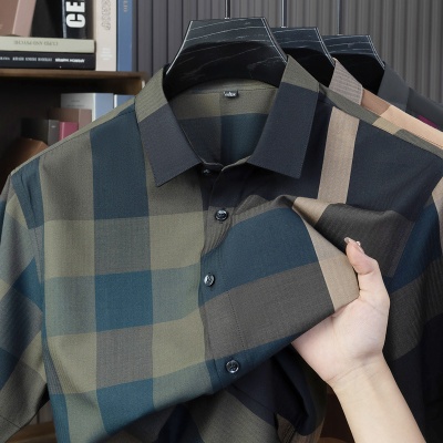 阿里虎男装潮流格子高端大牌衬衫男商务休闲短袖新款免烫抗皱上衣