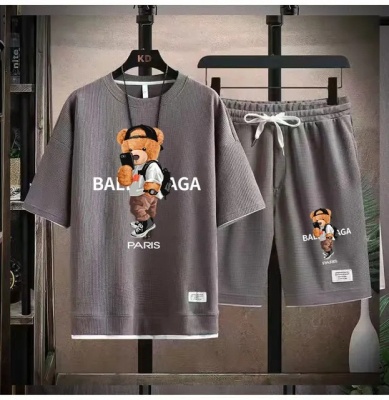 华夫格短袖t恤男士休闲运动套装批发夏季宽松假两件半袖T恤两件套