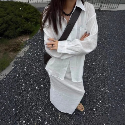 新款法式度假100%纯亚麻衬衣简约百搭慵懒宽松显瘦长袖衬衫女5401