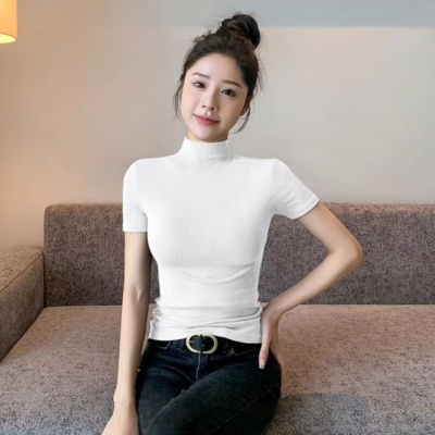 新款安可拉红半高领短袖T恤打底衫女内搭夏春秋 2024新款洋气上衣