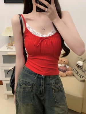 765#纯欲性感蕾丝拼接坑条吊带背心女带胸垫内搭修身显瘦打底衫