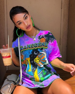 外贸夏独立站Wish亚马逊新款女装 涂鸦印花圆领短袖宽松型上衣t恤