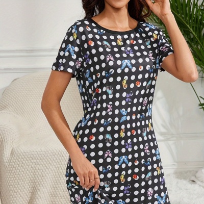跨境印花短袖连衣裙新款女装夏季欧美亚马逊圆领睡衣家居服可外穿