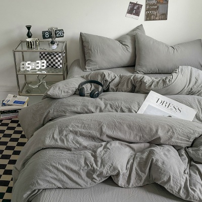 ins纯色A类母婴级水洗棉床上四件套可裸睡床单被套床笠学生三件套