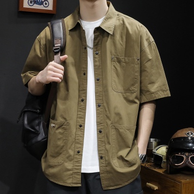 男潮牌衬衣夏季休闲工装衬衫男士宽松大码夏天运动休闲t恤短袖
