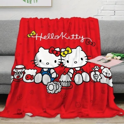 跨境新款三丽鸥周边印花毛毯KT猫法兰绒毛毯可爱卡通hellokitty盖