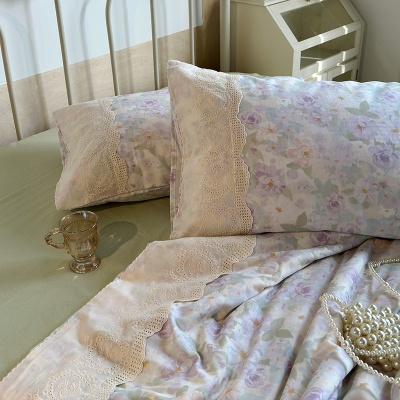 夏季新品母婴A类全棉双层纱法式大花边夏被床单四件套纯棉空调被