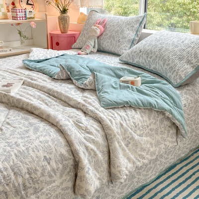 新款抗菌超柔云感双层纱印花床盖夏被四件套家用夏凉被舒爽空调被
