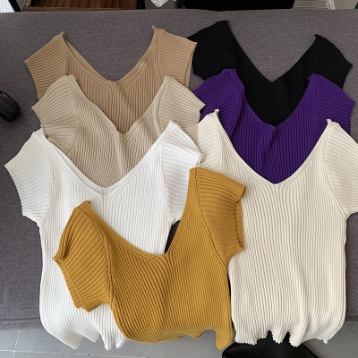 欧玛莱 纯欲风夏季时尚双V领短袖纯色修身显瘦针织衫上衣批发3215