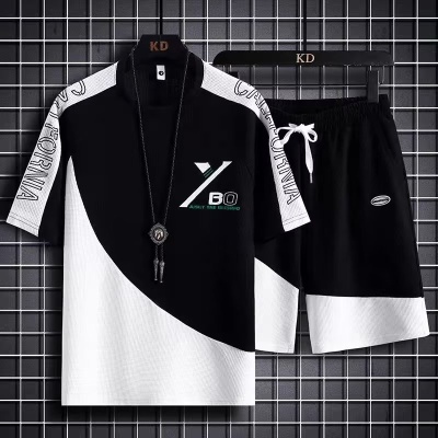 华夫格休闲套装男士夏季青年大码男装运动短袖短裤搭配一套1/2件