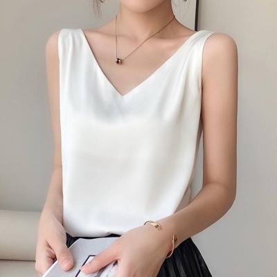 24真丝吊带背心女内搭西装白色黑色打底缎面桑蚕丝上衣小夏季v领